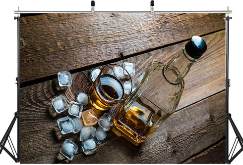 8x8ft Fabric Whiskey Bottle and Glass with Ice Cubes on Rustic Wood Backdrop Warm Amber Liquid Photography Background