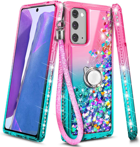 NGB Case for Samsung Galaxy Note 20 & Note 20 5G, Pink/Aqua Glitter Liquid Sparkle Cover with Accessories