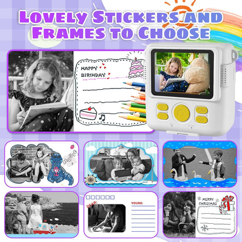 Instant Print Camera, Kids 1080P HD Digital Camera with 32G SD Card, 3 Rolls Photo Paper & 6 Color Pencils, Age 6-12
