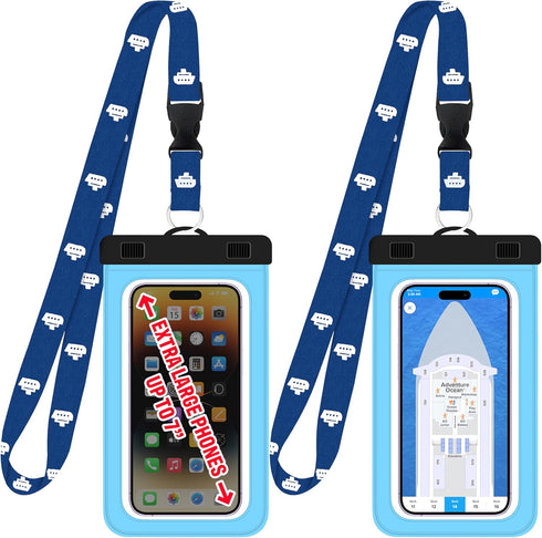 Cruise Lanyards Extra Large Waterproof Cell Phone Pouch - Touch Screen Dry Case for Phones up to 7” (2-Pack)