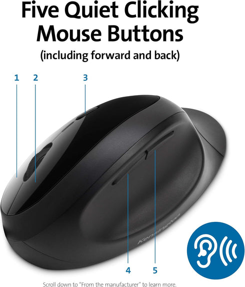 Kensington Pro Fit Ergonomic Wireless Mouse, Black (K75404WW), 8"x6"x4"