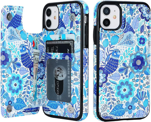 HAOPINSH iPhone 11 Wallet Case with Card Holder, Blue Flower Bird Pattern Back Flip PU Leather Case for Women Girls