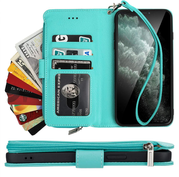 KIHUWEY Wallet Case for iPhone 12 Pro Max, Premium Leather Zipper with Card Holder and Wrist Strap - Mint Green