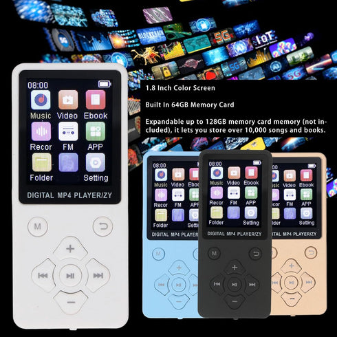 Yunseity 64GB MP3 5.0 MP3 MP4 1.8in Player, Bluetooth Portable HiFi Sound Quality Music Player, & Player with Color