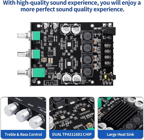 2.0 5.0 200W 12-24V 2.0 Channel Bluetooth Amplifier Board HiFi Subwoofer Audio AMP with Treble and Bass, BT USB and AUX