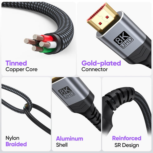 Vorothin 8K 3 2-Pack, 48Gbps 2.1 4K@120Hz/144Hz 8K@60Hz, HDR10 2.2/2.3 PS5, HDMI Cable FT High Speed HDMI Cable, eARC