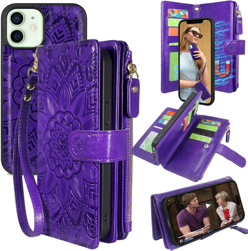 Harryshell Compatible with iPhone 12 / 12 Pro Case - Wallet Detachable Magnetic Zipper Leather with 12 Card Slots