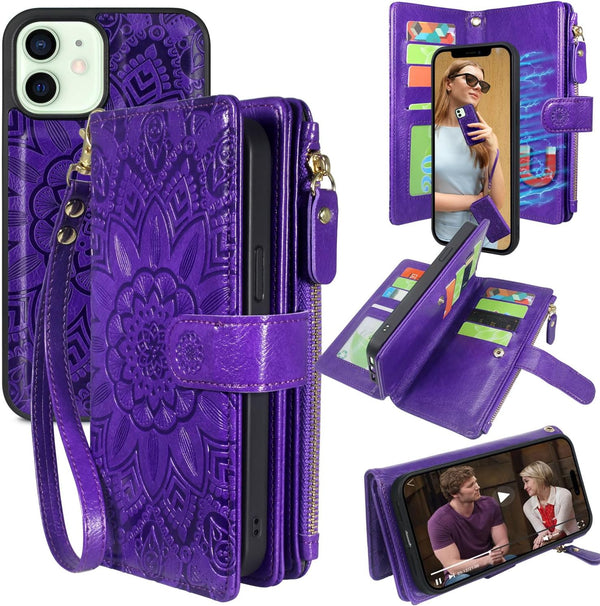 Harryshell Compatible with iPhone 12 / 12 Pro Case - Wallet Detachable Magnetic Zipper Leather with 12 Card Slots