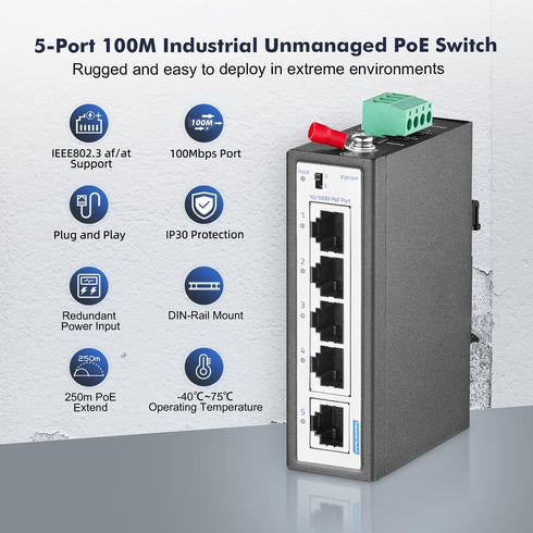 YuLinca 5 Port Mini PoE+ Industrial DIN-Rail Switch, 4 Ports PoE+ and 1 Uplink, 10/100Mbps Fast Ethernet - Unmanaged