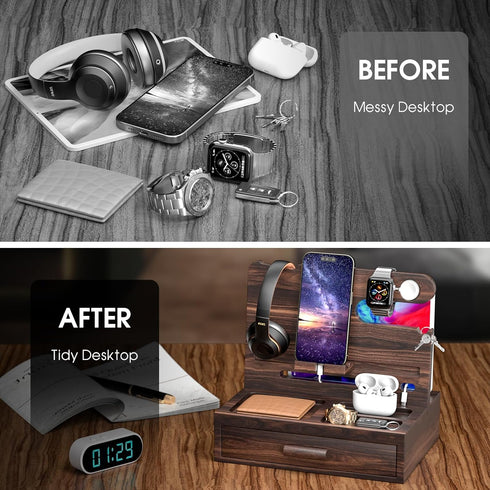 Wooden Phone Docking Station Nightstand Organizer with Drawer Storage, Cell Phone Stand Gifts for Men, Dad, Boyfriend,