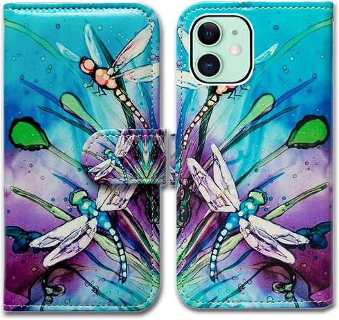 Cute Dragonfly Leather Flip Phone Case Wallet Cover for iPhone 12 Mini with Card Slot Holder Kickstand
