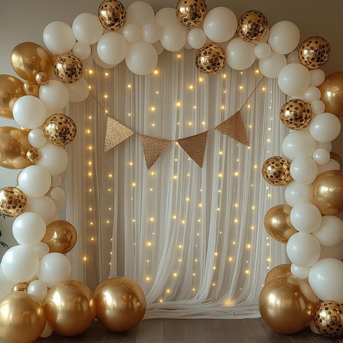 EMHOLDBU 10x8ft (2 White Tulle Backdrop Curtain with Lights String Sheer Drapes for Wedding, Birthday, Baby Shower