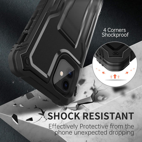 FITO Dual Layer Shockproof Case for iPhone 11 and iPhone XR, with Screen Protector and Built-in Kickstand (Black)