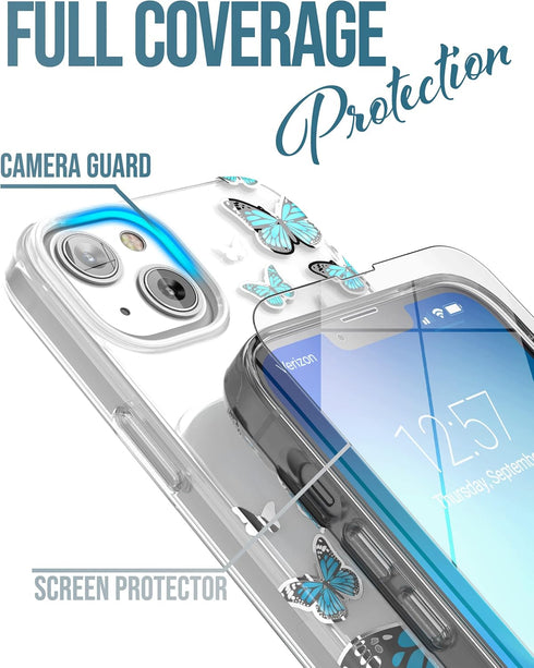 ENCASED Magnetic Case Designed for iPhone 14 with Screen Protector - Compatible with MagSafe Phone Accessories (Blue Butterfly)