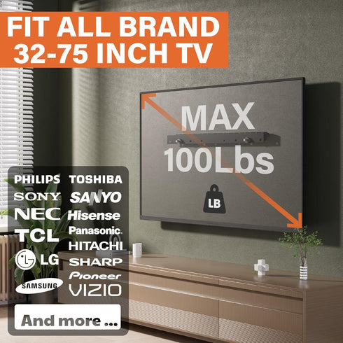 No Stud TV Wall Mount for 32-75 Inch TVs, Universal Studless Drywall Mount Bracket for Flat Screen TVs, Low Profile,