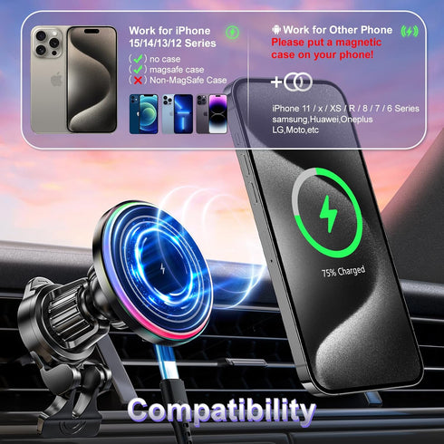 Magsafe Car Mount Charger, 15W Wireless Magnetic Charger for iPhone 15 ProMax Plus 14/13/12 with Fast Charging