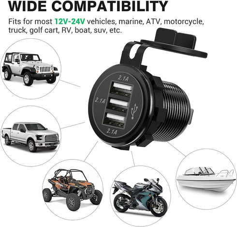 12V USB Outlet, 3 USB Charger Socket for Car, Boat, Marine, Bus, Truck, Golf, RV, Motorcycle and More - 2-Pack