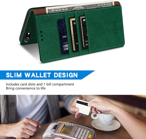 ZZXX Wallet Case for iPhone 7/8/SE 2022(2020), RFID Blocking, Card Slot, Kickstand, Magnetic Closure, Green