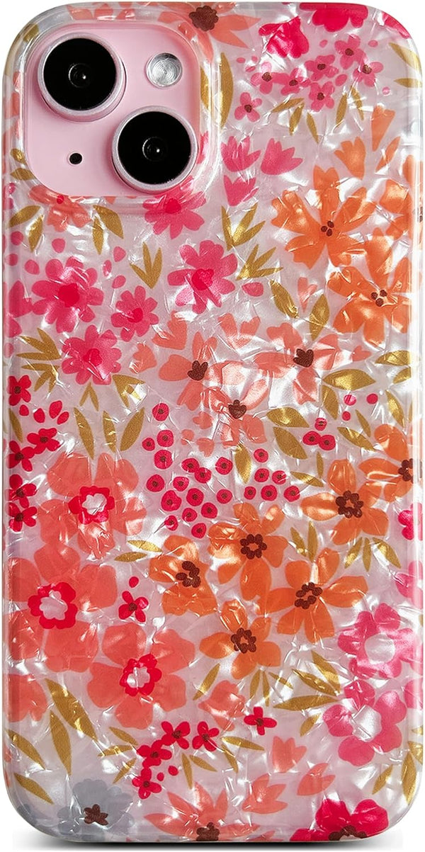 Qokey Cute Flower Case for iPhone 14/13, Shell Pattern Soft Bumper Lightweight Slim Fit TPU Shockproof (Pink Floral)