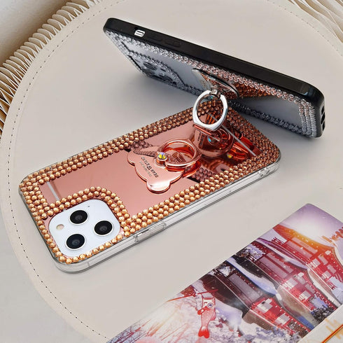 LUVI Bling Diamond Glitter Mirror Case for iPhone 12/iPhone 12 Pro 6.1 inch with Bear Ring Holder Kickstand, Rose Gold