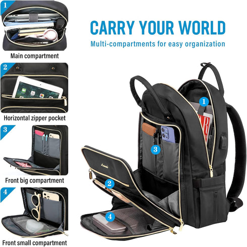 Backpack Backpacks 15.6" LOVEVOOK Laptop for Women, Water Resistant Travel Work Black Purse Business Teacher Nurse