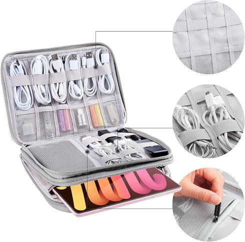 Electronics Organizer Travel Case, Cord Cable Charger Bag, Double Layers Tech Pouch with 5 Cable Ties, Grey