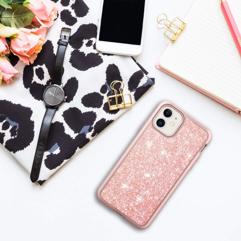 Coolwee Glitter Full Protective Case for iPhone 11, Heavy Duty Hybrid 3 in 1 Shockproof for Women Girls Rose Gold
