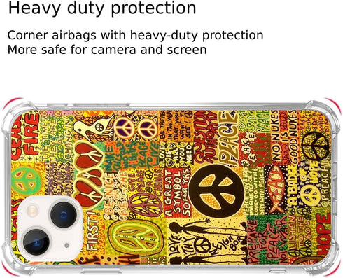 Aesthetic Vintage Hippie Peace Case for iPhone 15, Unique Psychedelic Trippy TPU Bumper Cover, Trendy Design.