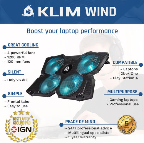 KLIM Wind Laptop Cooling Pad - New Version 2024 - The Most Powerful Rapid Action Cooling Fan with 4 Cooling Fans at