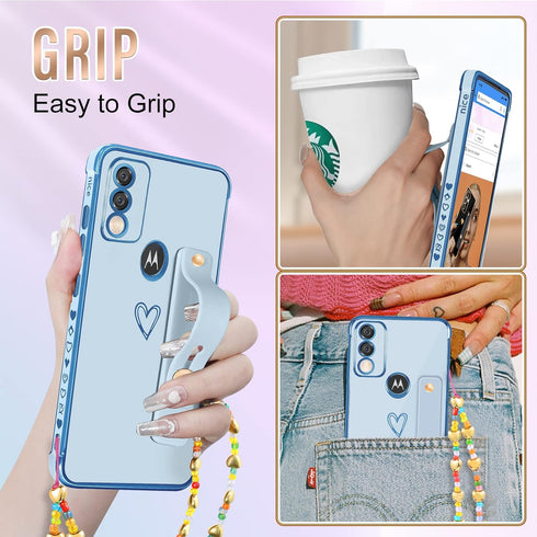 Likiyami 3in1 Heart Women Girls Phone Case for Motorola Moto G Pure 2021, Blue and Gold with Stand