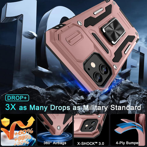 DEERLAMN iPhone 12/12 Pro Case - Rose Gold, Military Grade Shockproof, Slide Camera Cover, 2 Screen Protectors,