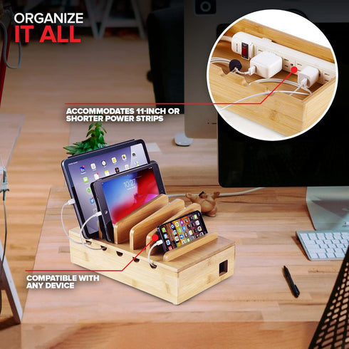 Modern Innovations Bamboo Device Organizer Charging Station for Multiple Devices (Natural) - Desk Docking Stand