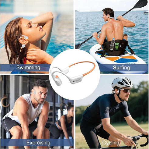 IP68 Swimming 32GB MP3 Swimming/Surfing/Marathon/Cycling((Beige Bone Conduction Bluetooth Headphones-SurfAudio