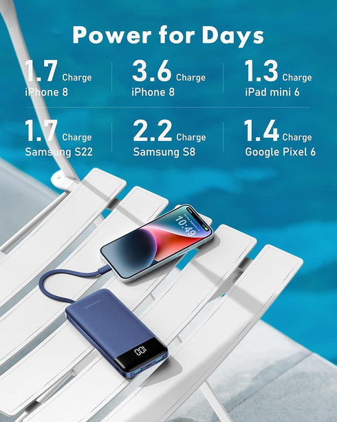Portable Charger with Built-in Cables, Slim 10000mAh Travel Essentials Battery Pack 6 Outputs 3A High Speed for iPhone