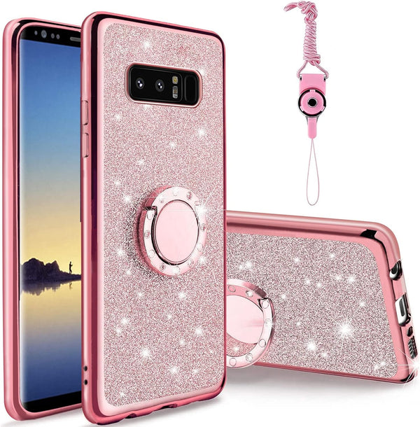 Cute Bling Glitter Phone Case for Samsung Galaxy Note 8, Shockproof 2-Layer Protective Cover with Ring Stand & Lanyard
