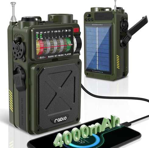 Emergency Crank Radio - Emgykit 4000mAh AM/FM/WB/SW/NOAA Weather Radio with Bluetooth, Flashlight, SOS Alarm