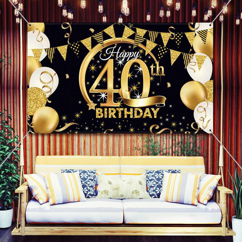 Blulu 40th Birthday Party Decoration, Extra Large Black Gold Fabric Sign Poster for Photo Booth Background