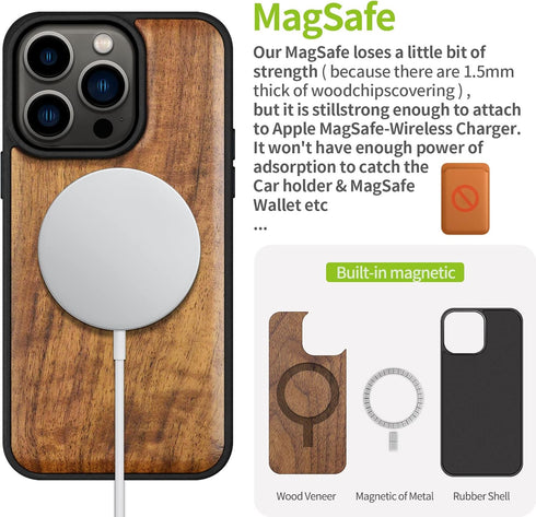 Carveit 14 Magnetic Wood Case for iPhone Pro - Natural Wood & Black Soft TPU - Shockproof Protective Cover - Unique