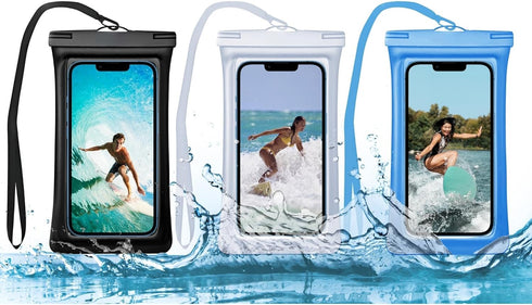 Waterproof Phone Pouch - 3-Pack Floating Clear Cellphone Case for iPhone 15 Pro Max with Neck Cord (Black-Clear-Blue)
