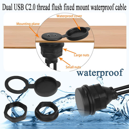 QIANRENON 2 USB C Threaded Flush Mount Waterproof Cable, Dual USB C 2.0 Male to Female Car Dash Mount Extension Cable