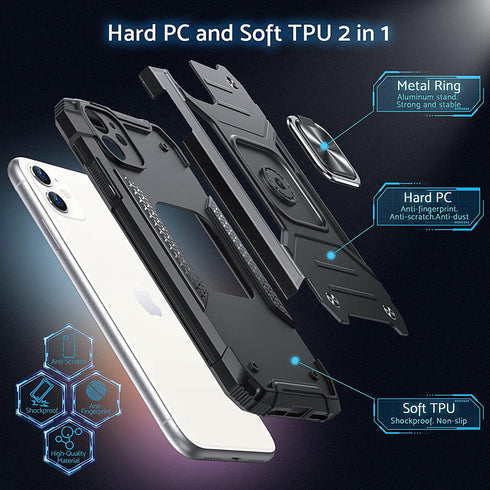 Anqrp Designed for iPhone 11 Case, Military Grade Protective Cover with Enhanced Metal Ring Kickstand - Black