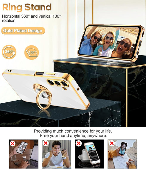 LeYi Samsung A15 5G Case with Tempered Glass Screen Protector, White 360° Rotatable Ring Holder Magnetic Kickstand