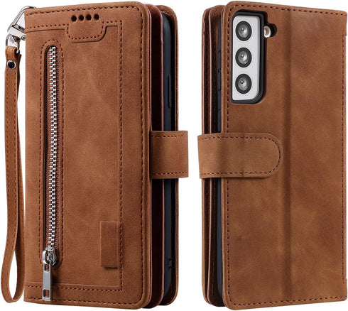 UEEBAI Wallet Case for Samsung Galaxy S21 5G, Retro 9 Card Holder Slots, Zipper Pocket PU Leather Handbag