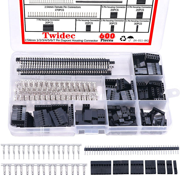 Twidec 600PCS 2.54mm Dupont Connector Kit, 1/2/3/4/5/6/7 Pin Housing with Male and Female Terminals