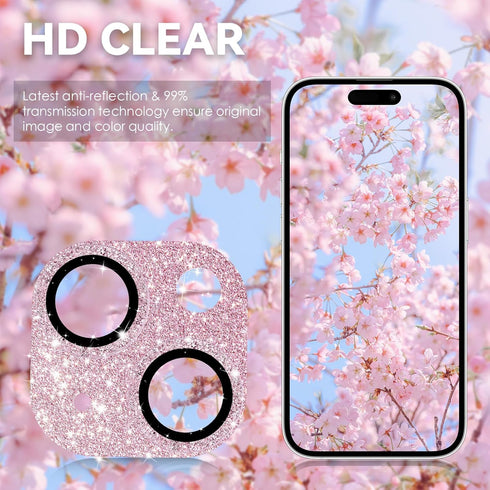 CloudValley HD Tempered Metal Matte Glass Camera Lens Protector for iPhone 15/15 Plus, Glitter Pink, Case Friendly.