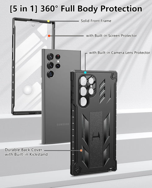 FNTCASE Samsung Galaxy S22 Ultra Case: Heavy Duty, Rugged, Dual Layer, Built-in Screen Protector & Kickstand, 5G-Black.