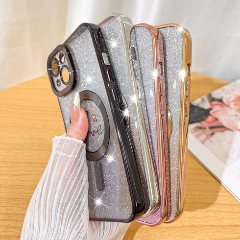 Fiyart iPhone 15 Plus Case, Compatible with MagSafe, Love Heart Plating Design, Magnetic Glitter Shockproof Back