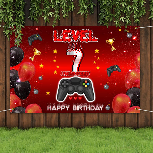 Level 7 Unlocked Backdrop Banner Decorations for Video Game On Happy 7th Birthday, Red and Black Theme