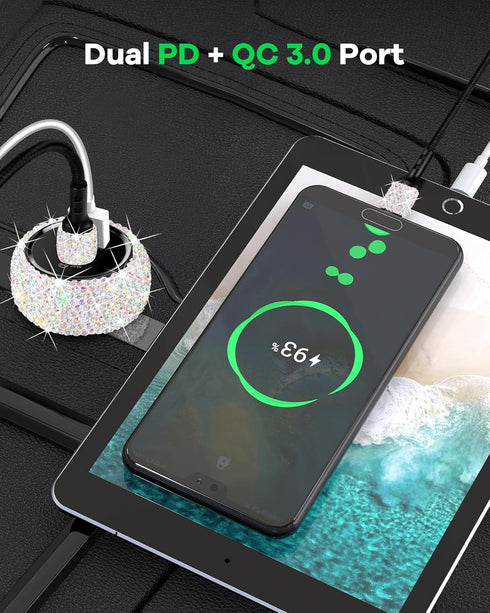 Bling USB C Car Charger, 48W PD + QC Dual Port Fast Charging Adapter with 3.2FT USB Type-C Charging Cable Compatible with iPhone 15 Pro Max iPad Samsung Galaxy Android(Multicolor)