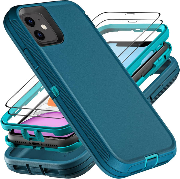 for iPhone 11 Case, Military Grade 3 in 1 Heavy Duty Shockproof/Dust Proof with 2Pcs Tempered Glass Screen Protector